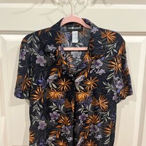 Sag Harbor Black and Orange Casual Button Down Shirt with Tropical Print